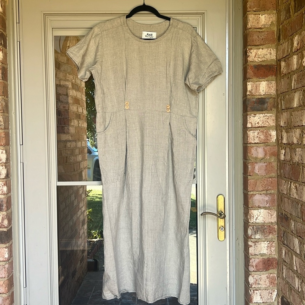 Flax 100% Linen Long Dress Gray Petite Small